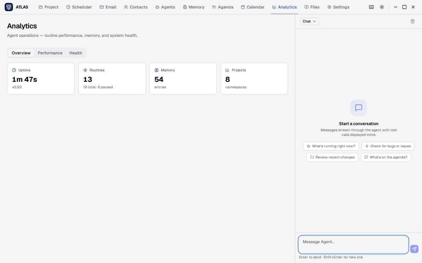 ATLAS analytics dashboard showing uptime, routines, and memory stats