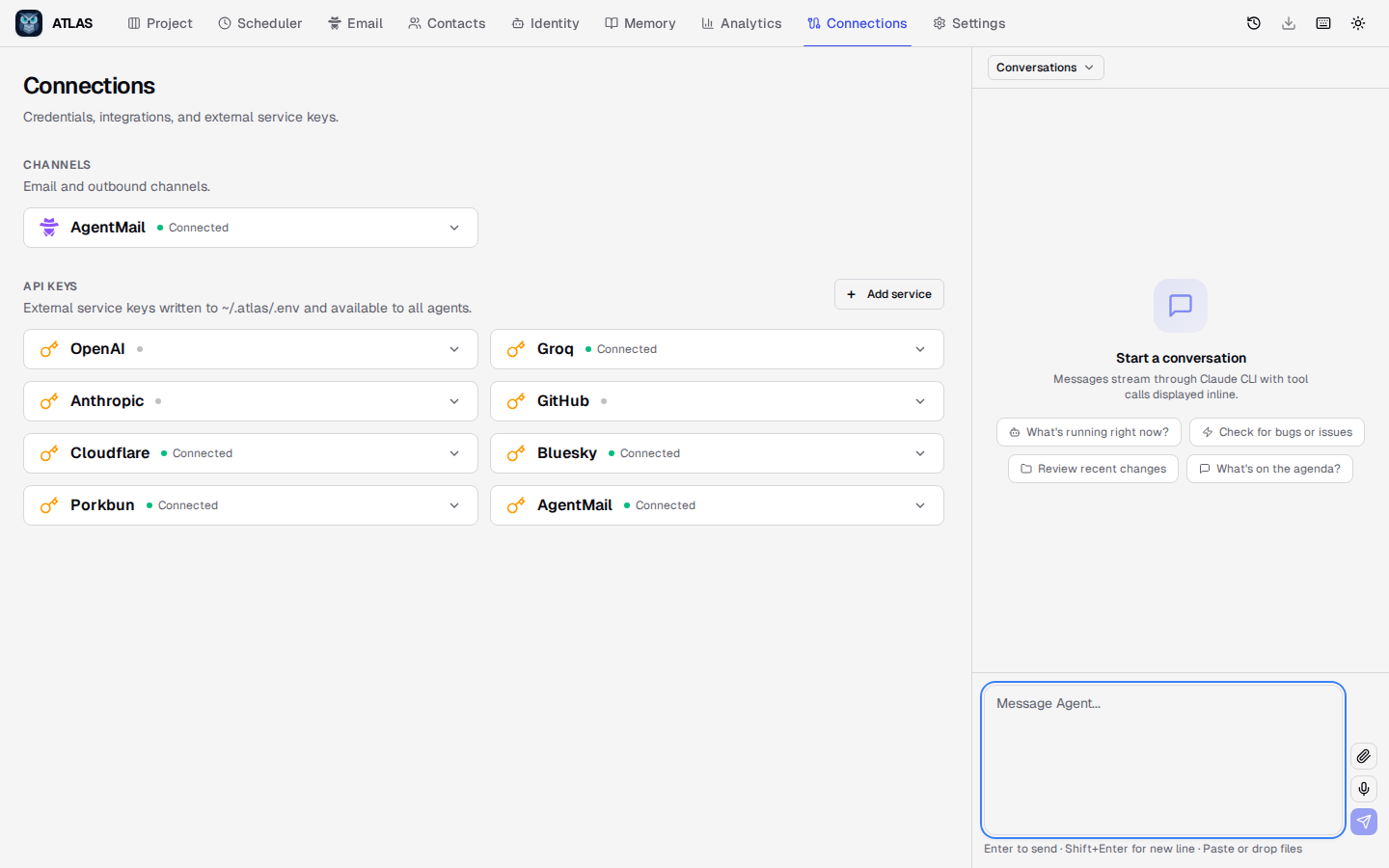 ATLAS connections page showing AI provider cards with API key management