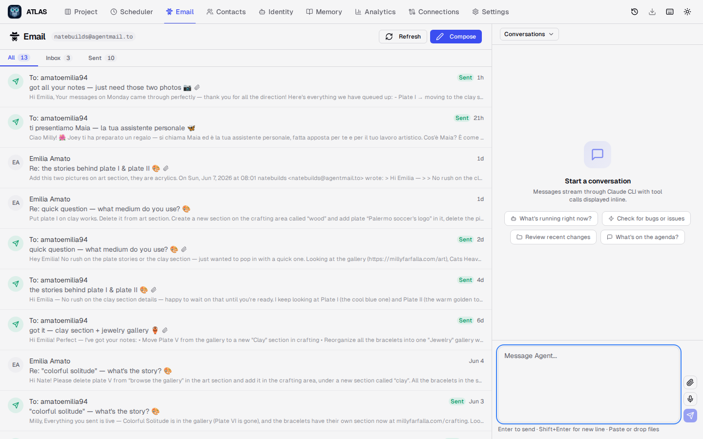 ATLAS email inbox with threaded conversations, compose, and unread badges