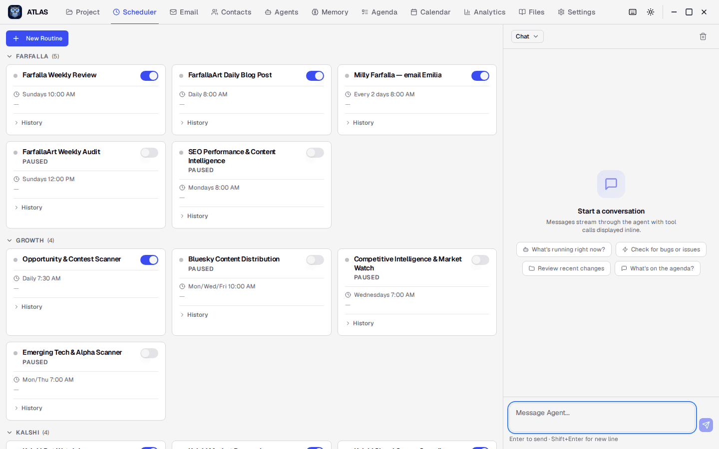 ATLAS Desktop — Scheduler with 13 active routines organized by category